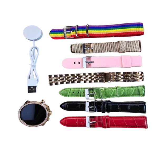 7-in-1 Women's Round Diamond Dial Smart Watch with Charger – Gift Box Packed (Mix/Random Color)